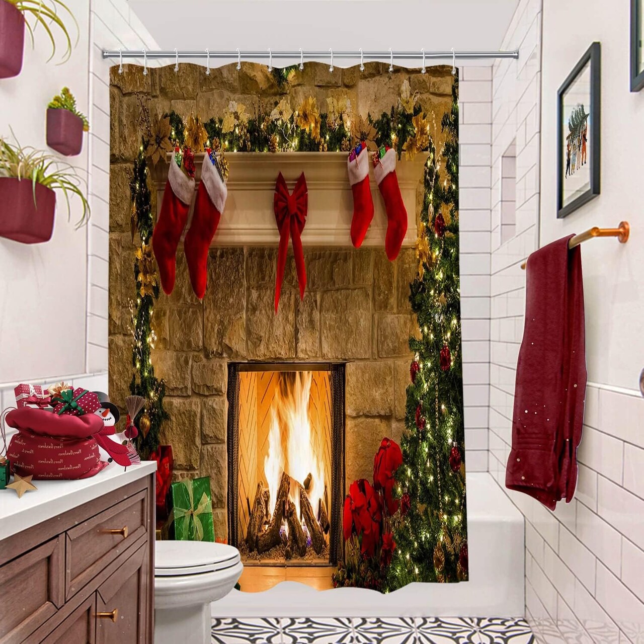 Fabric Christmas Shower Curtain, Red Christmas Shower Curtains for Bathroom, Winter Holiday Christmas Bathroom Decor, Xmas Tree Fireplace Pattern